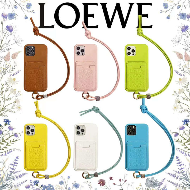 iphone15/15promax/13pro/13mini ケース 首 掛け ブランド LOEWE iphone14 ケース 無地 スマホケース  カード ポケット