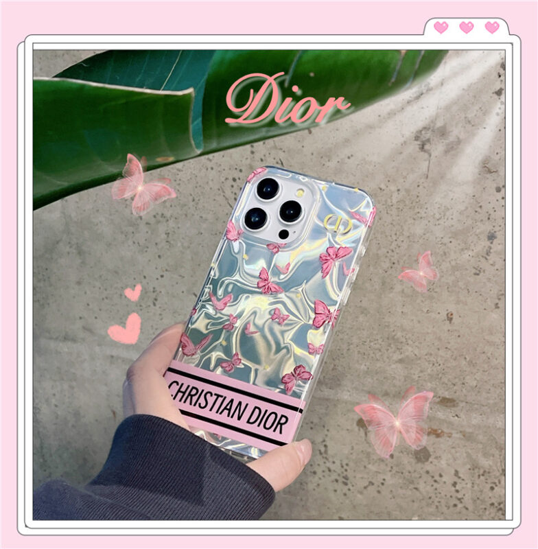 dior iphone15/15pro ケース 蝶々 スマホケース 韓国 iphone14pro/13/12 ケース 人気ブランド 女子 iphone ケース ピンク iphone14 ケース オーロラ