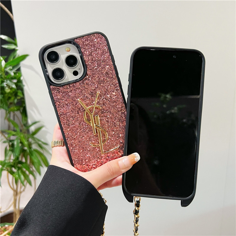 キラキラ の iphone16 ケース サン ローラン スマホ ケース iphone15pro/15 ショルダー iphone14promax/13pro ケース 人気 女子 iphone12 ケース ラメ