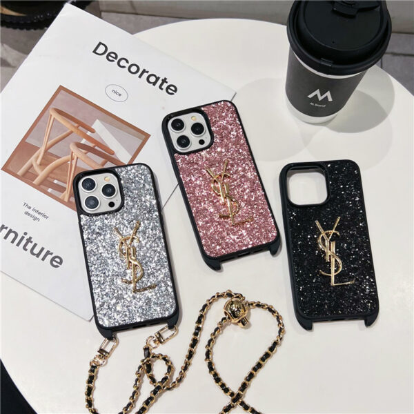 キラキラ の iphone16 ケース サン ローラン スマホ ケース iphone15pro/15 ショルダー iphone14promax/13pro ケース 人気 女子 iphone12 ケース ラメ